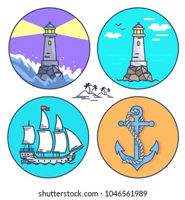 Poster depicting small island in between four circle icons which are showing lighthouses with and without light, ship and anchor with rope