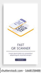 A poster depicting the use of an application to read a QR code. Vector isometric illustration suitable for use on a website and in business / financial subjects.