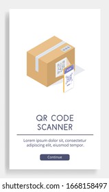 A poster depicting the use of an application to read a QR code. Vector isometric illustration suitable for use on a website and in business / financial subjects.