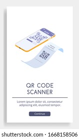 A poster depicting the use of an application to read a QR code. Vector isometric illustration suitable for use on a website and in business / financial subjects.