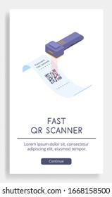 A poster depicting the use of a scanner to read a QR code. Vector isometric illustration suitable for use on a website and in business / financial subjects.