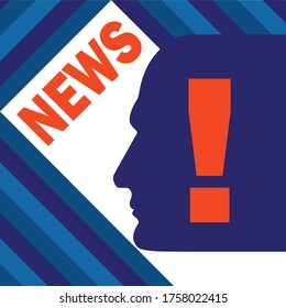 Poster depicting a white human profile on a striped background and the inscription news on a white sheet of paper 