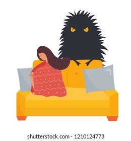 Poster with depressed lonely girl and abstract shadow behnd her