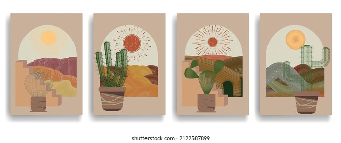 Poster with desert landscape, cactus and dunes in boho style .Minimal design with grunge elements . Trendy brochure . Vector illustration .