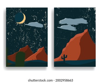 Poster mit Wüstenlandschaft und Dünen im Boho-Stil .Minimales Design mit Grunge-Elementen . Trendy Broschüre . Vektorgrafik .