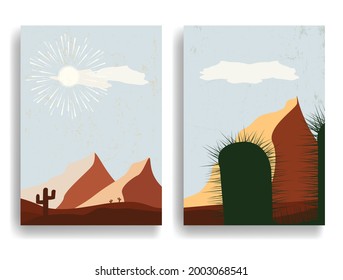 Poster with desert landscape and dunes in boho style .Minimal design with grunge elements . Trendy brochure . Vector illustration .