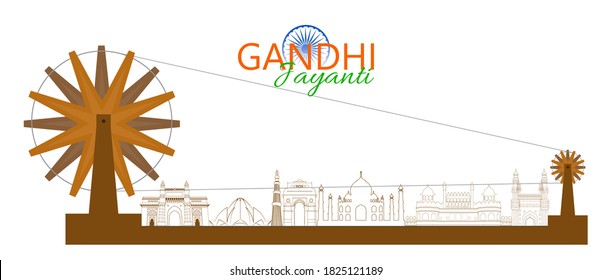 Poster design for 2 October birth anniversary of Mahatma Gandhi with eye glasses and charkha element