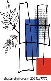 Poster design in abstract avant-garde style with herbs and hand-drawn lines in primary colors. Modern concept template. Design for wall decor, cover print, flyer, brochure. Vector illustration