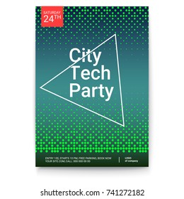 Poster design with abstract halftone dots pattern. Mock-up of City Techno Party event with text template, A4 size. Vector template of poster, design layout for brochure, banner, flyer