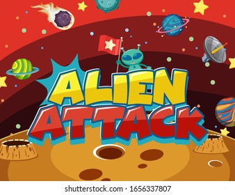 Poster design with alien and many planets in space background illustration