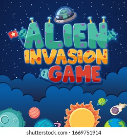 Poster design with alien and many planets in the space background illustration