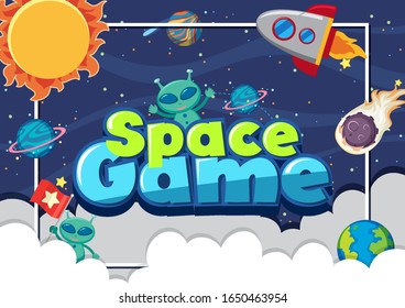 Poster design with aliens and many planets in background illustration