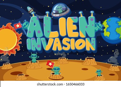 Poster design with aliens in the space background illustration