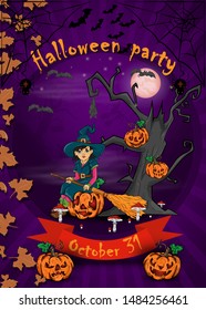 poster design for all Hallows eve decoration, Halloween, little witch with broom sitting on a pumpkin in the cemetery next to the scary tree vector EPS 10