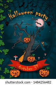 poster design for all Hallows eve decoration, Halloween, scary tree with pumpkins growing in the cemetery vector EPS 10