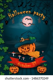 poster design for all saints eve party decoration, Halloween, pumpkin in witch hat with broom in cemetery vector EPS 10