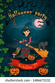 poster design for all saints eve holiday decoration, Halloween, witch sitting on a stump in the cemetery vector EPS 10