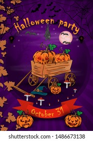 poster design for all saints eve, Halloween, pumpkin cart at the cemetery vector EPS 10