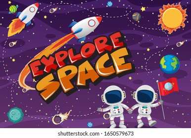 Poster design with astronauts and many planets in background illustration