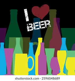 Poster design for bar, beer bottles, glasses of different shapes. Vector graphics, menu, party