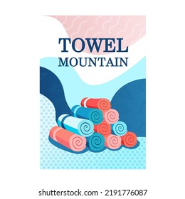 Poster design with bath towels. Vivid flowing background and rolled or hanged towels. Spa and relaxation concept. Template for promotional leaflet or flyer