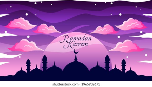Poster Design, Beautiful sky view with many stars and clouds on the Night of Ramadan Kareem, Time for Sahur, Happy Fasting For Every Muslim