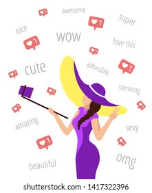 Poster design with beautiful woman in hat and dress taking selfie with selfie-stick. Likes and comments on the backgroun. Perfect for Poster, banner. postcard, cover.
