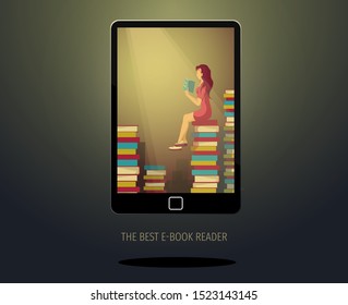 Poster design for bookstore, book lovers, e-book reader. Electronic reader and woman sitting on the pile of books on the screen. Vector illustration for poster, banner, presentation, cover, brochure.