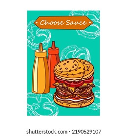 Poster Design With Burger And Sauce. Vivid Brochures For Fast Food Cafe Or Restaurant. Unhealthy Meal And Nutrition Concept. Template For Promotional Leaflet Or Flyer