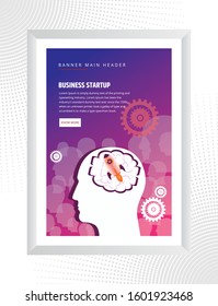 Poster design business startup launch concept with rocket icon and man's head with brain and gears