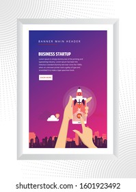 Poster design business startup. Rocket launch from smartphone concept with rocket icon