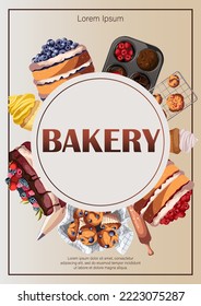 Poster design with cakes,muffins,utensils,cupcakes,copy-space on circle.Baking,bakery shop,cooking,sweet product,dessert concept. Vector illustration for poster,banner,flyer, menu. 