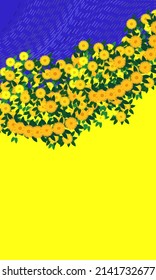 Poster-Design mit einem Aufruf zu Hilfe und Beten für die Ukraine... Frieden nach russischen Militäroperationen in der Ukraine. Bild eines Sonnenblumenfeldes und des Himmels im Stil des Impressionismus