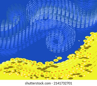 Poster design with a call to help and pray for Ukraine.Peacetime after Russian military operations in Ukraine. Image of a field of sunflowers and the sky in the style of impressionism