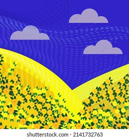 Poster design with a call to help and pray for Ukraine.Peacetime after Russian military operations in Ukraine. Image of a field of sunflowers and the sky in the style of impressionism