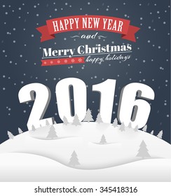 Poster Design (card) Merry Christmas and a Happy New Year with a winter landscape and 3D text in 2016. Dark sky. Vector illustration.