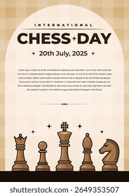 Poster design celebrating International Chess Day, featuring wooden chess piece illustrations and a stylish typography layout against a light beige background.