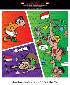 poster design celebration indonesia independence day with cartoon illustration, comic style, traditional game, mean victorious