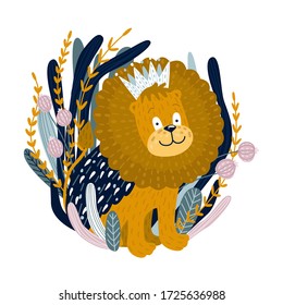 poster for the design of a children's room. print on clothes. my little wild lion cub. child character lettering. vector