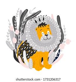 poster for the design of a children's room. print on clothes. my little wild lion cub. child character lettering. vector