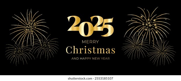 Cartaz de design para o Natal de 2025. Feliz Ano Novo 2025. Ilustração vetorial de fogos de artifício dourados.