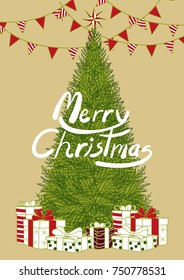 Poster design for Christmas event in simple flat style with text. Background design in colorful color with Christmas tree, gift box below and white text in the middle of the picture.