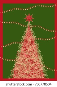 Poster design for Christmas event in simple flat style with text. Background design in colorful color with Christmas tree, a star at the top and Christmas light behind the tree.