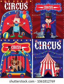 Poster design for circus with clown and trainer illustration