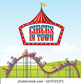 Poster design for circus in town with monkeys riding on roller coaster illustration