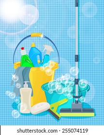 Poster design for cleaning service and cleaning supplies. Cleaning kit icons