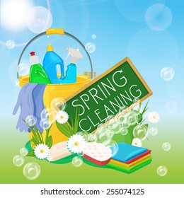 Poster design for cleaning service and cleaning supplies. Spring cleaning kit icons