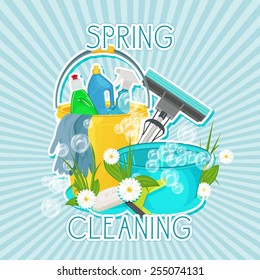 Poster design for cleaning service and cleaning supplies. Spring cleaning kit icons