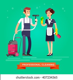 Poster design for cleaning service and supplies. Vector detailed character professional housekeeper kit icons