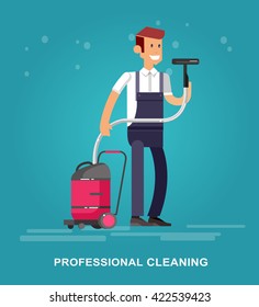 Poster Design For Cleaning Service And Supplies. Vector Detailed Character Professional Housekeeper, Kit Icon. Vector Illustration